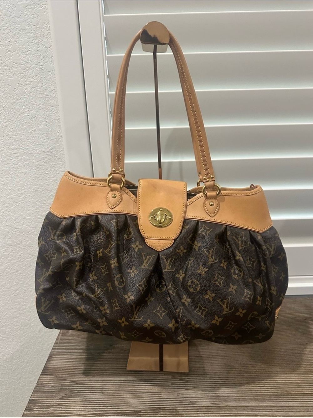 Louis Vuitton Brown Monogram & Tan Leather Shoulder Bag with Gold Hardware